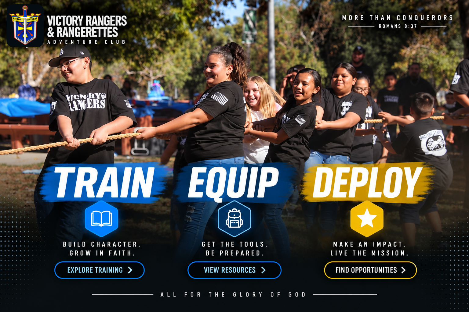 Adventure Club members working together in a tug-of-war with Train Equip Deploy mission graphics